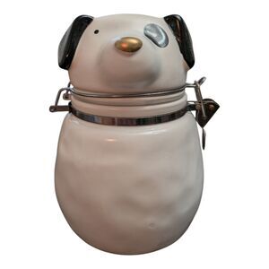 Ceramic Dog Treat Jar Canister with Hinged Lid White with Black Spot and Gold 7"